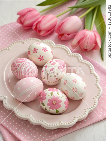 Pink and White Easter Eggs with Tulips on Plate on Pink Background. Easter concept 123613982