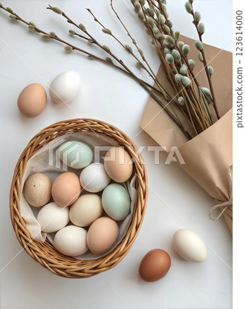 Flat lay of Pastel Easter Eggs in Basket and Willow Wrapped in Paper. Easter concept Flat lay of Pastel Easter Eggs in Basket and Willow Wrapped in Paper. Easter concept 123614000