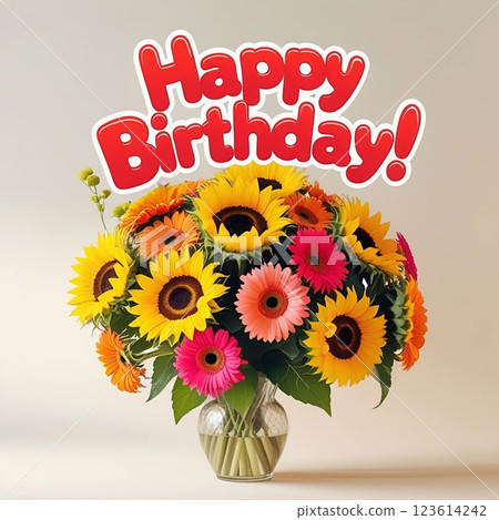Happy Birthday floral bouquet with sunflowers and gerbera daisies in glass vase.  Happy Birthday floral bouquet with sunflowers and gerbera daisies in glass vase.  123614242