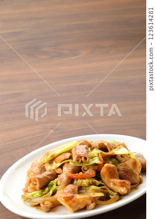 Fried offal on the table, vertical composition, space 123614281