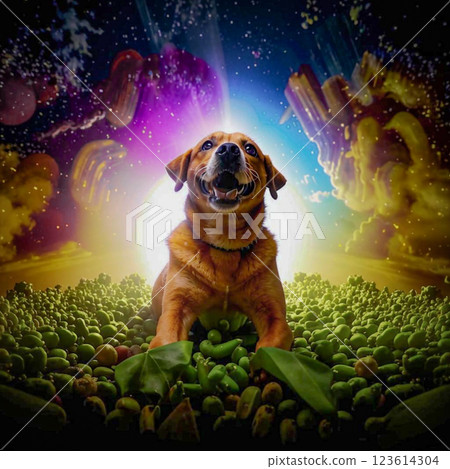 Dog waiting to play. A dog in a playful mood in a creatively decorated room. AI generated. Dog waiting to play. A dog in a playful mood in a creatively decorated room. AI generated. 123614304