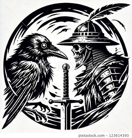 A crow and a ghost of a knight facing each other 123614393