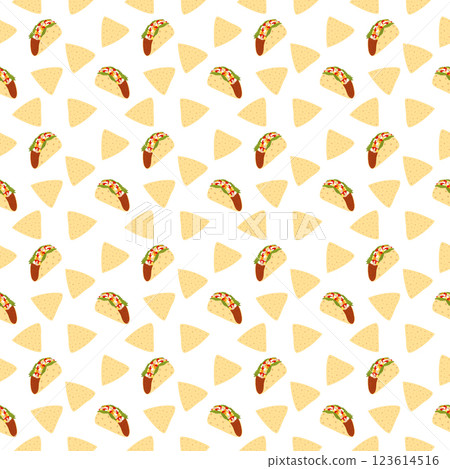 Triangular Nacho chips Meat and vegetables filled Taco Seamless Pattern Mexican Food background idea Triangular Nacho chips Meat and vegetables filled Taco Seamless Pattern Mexican Food background idea 123614516