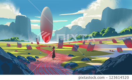 Mysterious Floating Oval in a Vibrant Fantasy Landscape Mysterious Floating Oval in a Vibrant Fantasy Landscape 123614520