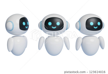 3D graphics of AI robot character standing at attention with smiling face 123614816