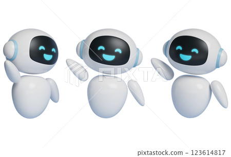 3D graphic of AI robot character waving with a big smile 3D graphic of AI robot character waving with a big smile 123614817