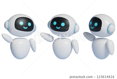 3D graphics of AI robot character guiding pose with smiling face 123614818