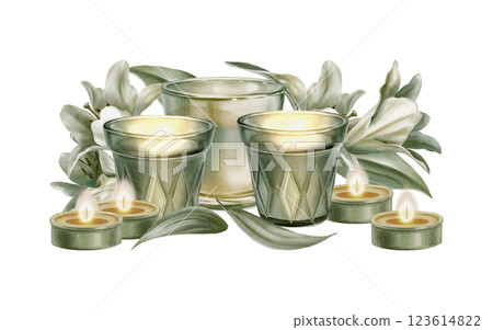 Candles in glass jars and small round altar candles with white lilies in realistic watercolor for Catholic holiday decor like Easter or wedding.For festive designs,invitations,church-themed projects 123614822