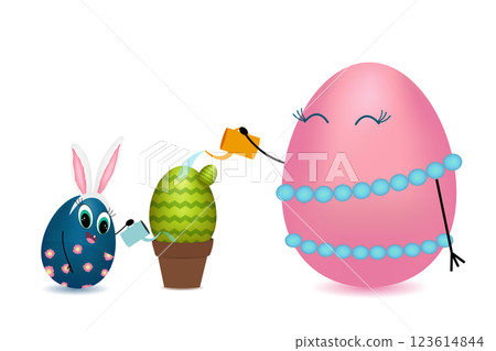 Cute Easter Egg Characters Watering a Decorative Plant 123614844