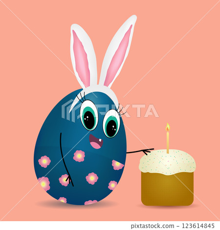 Cute Easter Egg with Bunny Ears Celebrating with a Festive Easter cake 123614845