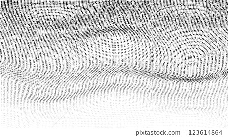 Abstract vector monochrome halftone background with waves. Grainy wallpaper with black circle pixel on white background. Abstract vector monochrome halftone background with waves. Grainy wallpaper with black circle pixel on white background. 123614864