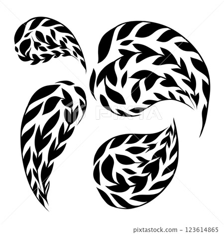 Vector set of black silhouettes of paisley foliage isolated from background. Collection of leaves buta Vector set of black silhouettes of paisley foliage isolated from background. Collection of leaves buta 123614865