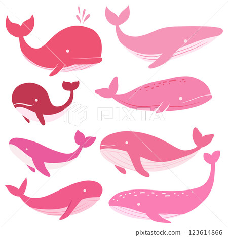 Vector set of flat hand drawn pink whales isolated from background. Collection of cute fish in girlish style Vector set of flat hand drawn pink whales isolated from background. Collection of cute fish in girlish style 123614866