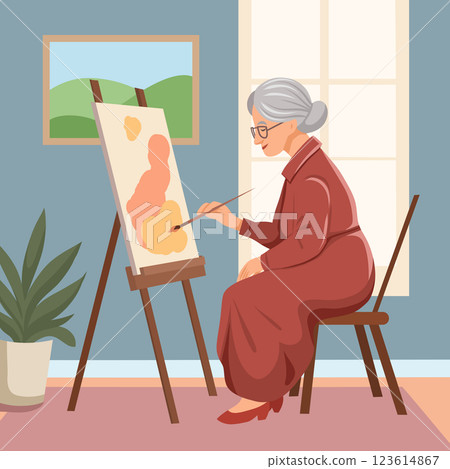 Nice old woman painting on easel in room with window and flower. Hobby in retirement. Grandmother artist. Vector flat illustration Nice old woman painting on easel in room with window and flower. Hobby in retirement. Grandmother artist. Vector flat illustration 123614867