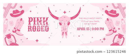 A vibrant pink Wild West-themed horizontal banner featuring cowgirl elements such as boots, hats, cacti, lanterns, and a bull skull. Perfect for event promotions, party decor, and Western-inspired A vibrant pink Wild West-themed horizontal banner featuring cowgirl elements such as boots, hats, cacti, lanterns, and a bull skull. Perfect for event promotions, party decor, and Western-inspired 123615246