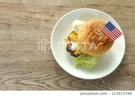 fried mashed beef cheese hamburger and lettuce stuffed mayonnaise sauce with ketchup on plate fried mashed beef cheese hamburger and lettuce stuffed mayonnaise sauce with ketchup on plate 123615396