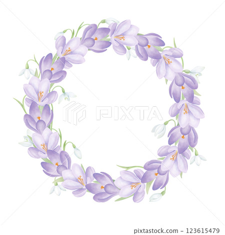 Snowdrops and crocuses wreath isolated on white. Purple saffron and spring flowers with green leaves in watercolor style. Hand drawn round frame for wedding invitations and greeting cards. Snowdrops and crocuses wreath isolated on white. Purple saffron and spring flowers with green leaves in watercolor style. Hand drawn round frame for wedding invitations and greeting cards. 123615479