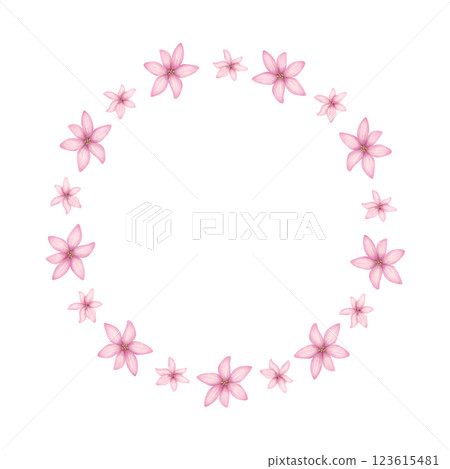 Pink flowers wreath. Tiny hyacinth flowers round frame in watercolor style on a white background. Floral clipart for wedding invitations and greeting cards. 123615481