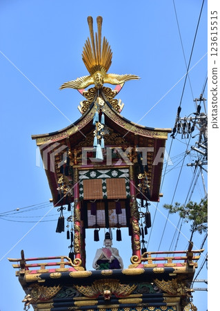 Takayama City, Gifu Prefecture, Japan, Spring Takayama Festival, Doll floats on Ebisudai and beautiful blue sky, Gorgeous decorations of floats called yatai 123615515