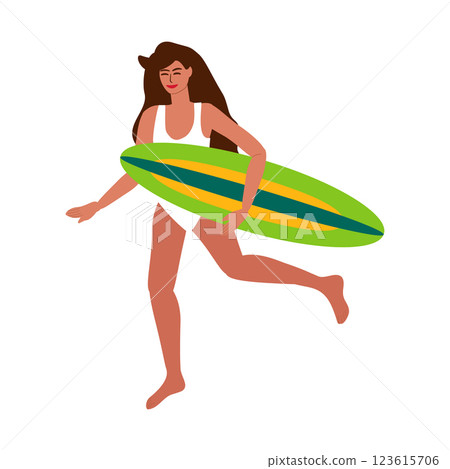 Young woman in swimsuit running with surfboard 123615706