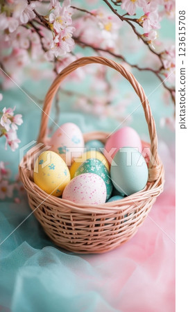 Colorful eggs in a decorative basket 123615708