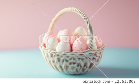 Colorful eggs in a woven basket 123615802
