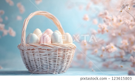 Decorative Easter eggs in a basket 123615803