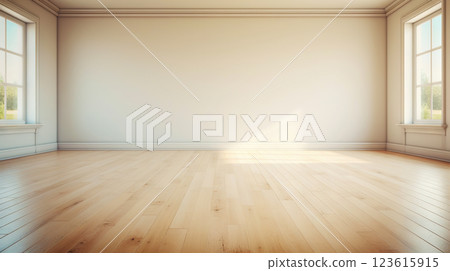 Beige wall empty apartment room with wooden floor. Copy space for product placement. Generative AI 123615915