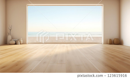 Empty apartment room with wooden floor of beach house. Sea view from windows. Copy space. Generative AI Empty apartment room with wooden floor of beach house. Sea view from windows. Copy space. Generative AI 123615916