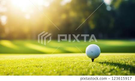 Close-up of golf ball on green grass of golf course, sunny day, blurred backdrop. Generative AI Close-up of golf ball on green grass of golf course, sunny day, blurred backdrop. Generative AI 123615917