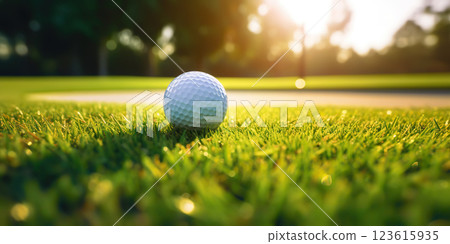 Close-up of golf ball on green grass of golf course, sunny day, blurred backdrop. Generative AI 123615935