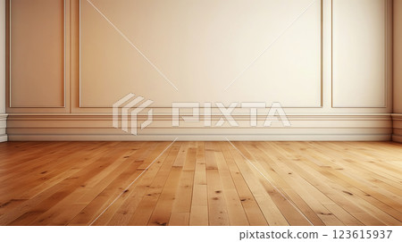 Beige wall empty apartment room with wooden floor. Copy space for product placement. Generative AI 123615937