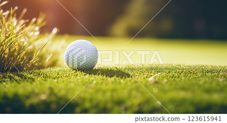 Close-up of golf ball on green grass of golf course, sunny day, blurred backdrop. Generative AI 123615941