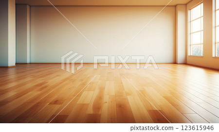 Beige wall empty apartment room with wooden floor. Copy space for product placement. Generative AI 123615946