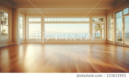Empty apartment room with wooden floor of beach house. Sea view from windows. Copy space. Generative AI 123615955