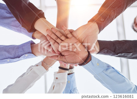Hands of diversity men and women for corporate support, solidarity and mission or motivation 123616081