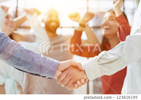 Corporate team, manager shaking hands in office for commitment, onboarding or client negotiation 123616195