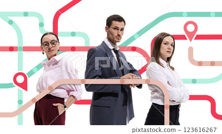 Contemporary art collage. Team of three professionals standing confidently against dynamic transit-inspired background. 123616267