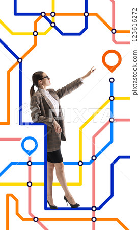 Contemporary art collage. Businesswoman pointing at bright destination marker, walking across digital metro-style path. 123616272