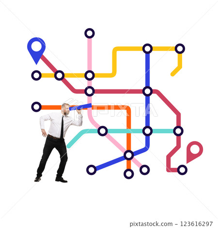 Contemporary art collage. Bearded businessman looking through telescope at metro-inspired roadmap, searching for direction. 123616297