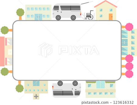 Illustration of a border frame with the image of a nursing care taxi Illustration of a border frame with the image of a nursing care taxi 123616332