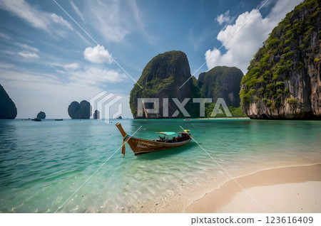 tropical island with boat 123616409