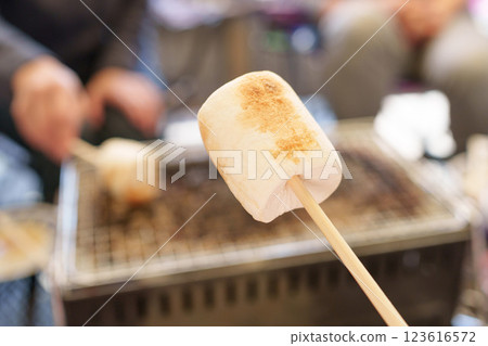 Marshmallows roasted on a small barbecue grill 123616572