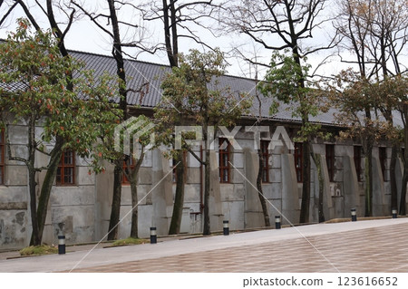 有樹木和舊倉庫建築的景觀 有樹木和舊倉庫建築的景觀 123616652