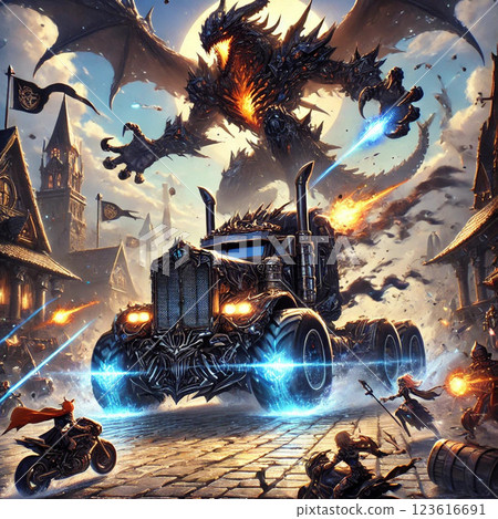 A runaway truck running through a fantasy world 123616691