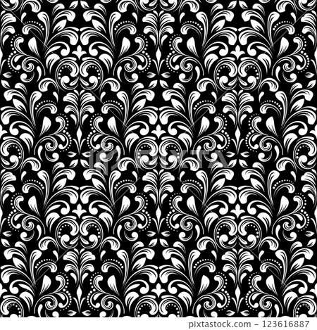 Floral pattern. Seamless vector background. Vintage wallpaper in the Baroque style. White and black ornament for fabric, wallpaper, packaging. Ornate Damask flower illustration. 123616887