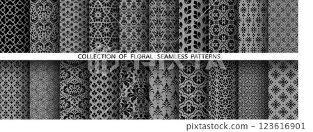 Geometric floral set of seamless patterns Gray and black vector backgrounds. Damask graphic ornaments 123616901