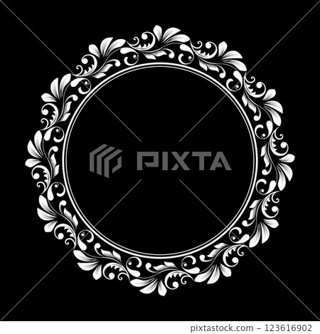 Decorative frame Elegant vector element for design in Eastern style, place for text. Floral black and white border. Lace illustration for invitations and greeting cards. 123616902