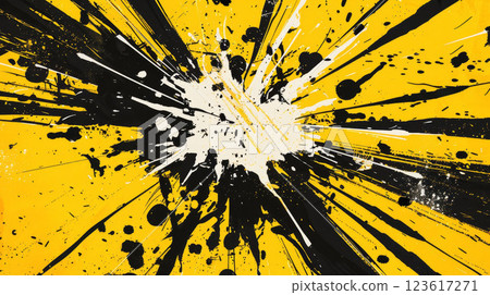 Yellow ink splatters in comic book style, close-up explosion with black and white dots, dynamic art. 123617271