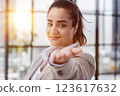 portrait of a young beautiful blonde business woman in the office 123617632